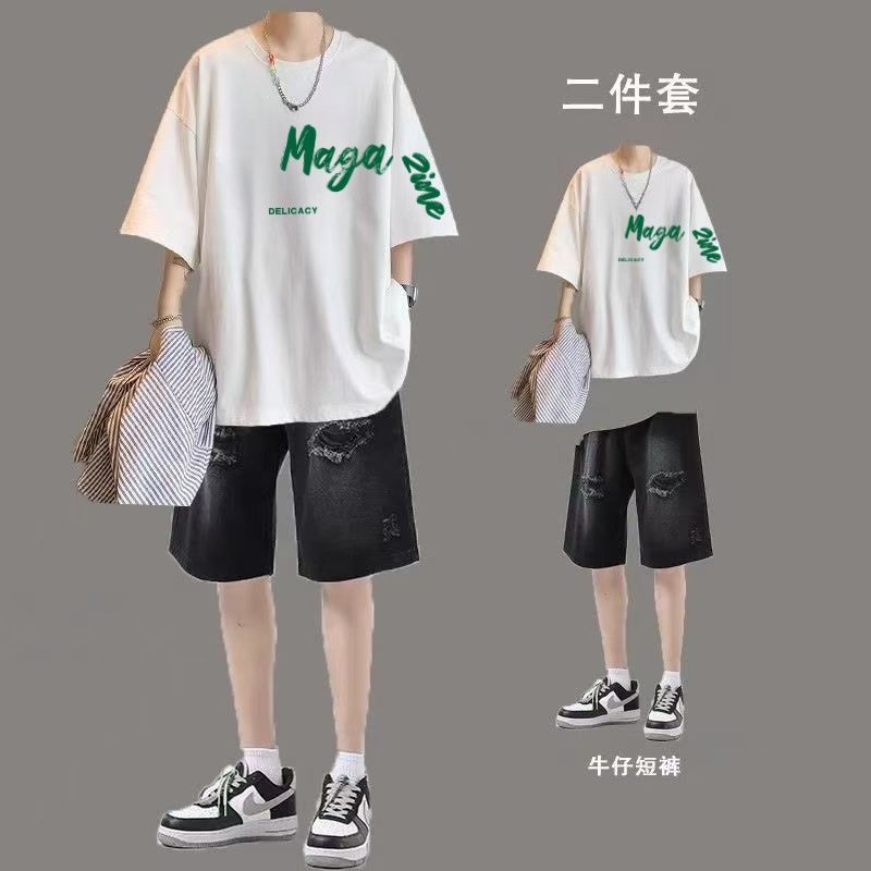 港风痞帅短袖短裤夏季套装男潮流男装一套搭配青少年百搭学生帅气
