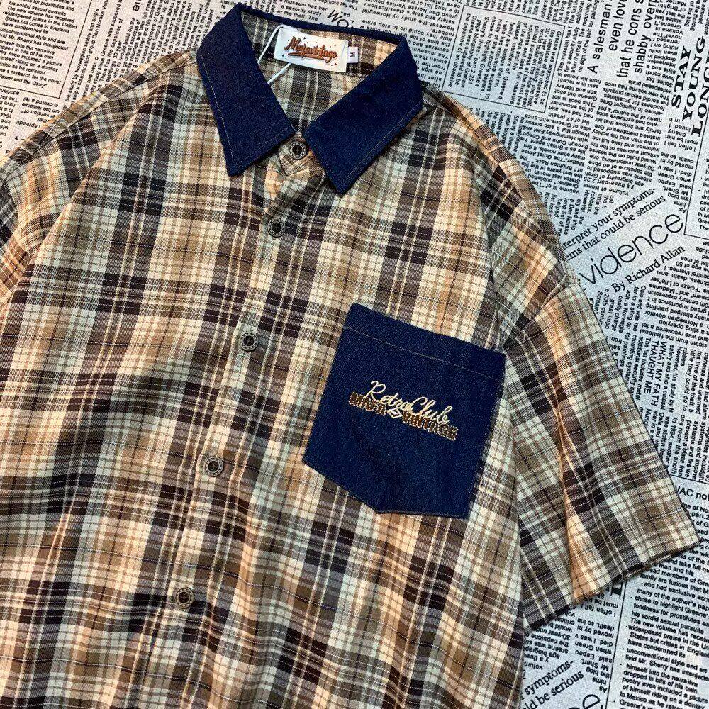 美式复古牛仔领拼接格子衬衫男女宽松百搭黄色格纹衬衣外套情侣潮