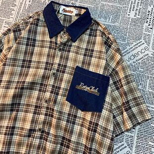 美式复古牛仔领拼接格子衬衫男女宽松百搭黄色格纹衬衣外套情侣潮