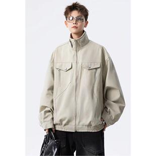 美式高街卡其色帆布外套男春秋cleanfit重磅休闲立领夹克上衣潮流
