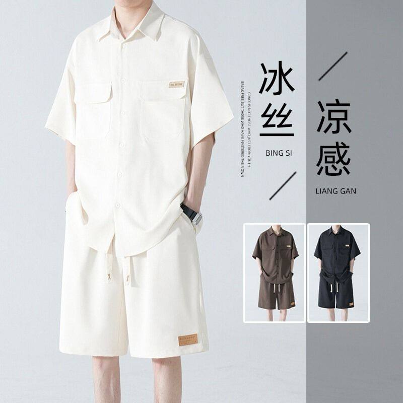 polo领短袖衬衫t恤男士夏季冰丝薄款短裤套装休闲宽松大码运动装