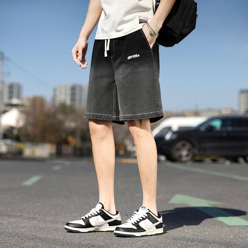 冰丝牛仔短裤男夏季薄款宽松直筒2025潮牌渐变天丝休闲五分中裤子