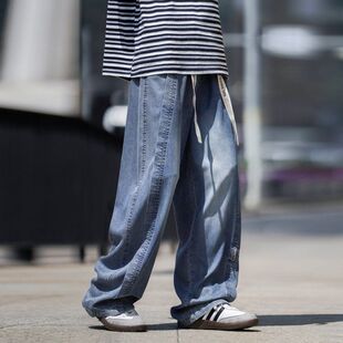 港风嘻哈牛仔裤男夏季蓝色复古宽松直筒裤子美式休闲垂感男生长裤