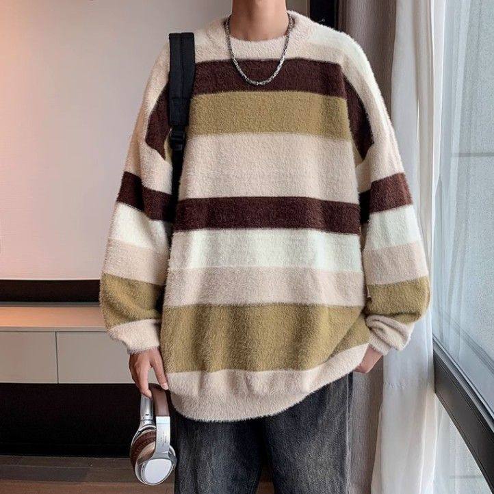 男生冬季情侣条纹毛衣男秋冬款线衣男士圆领针织衫情侣装潮牌秋装