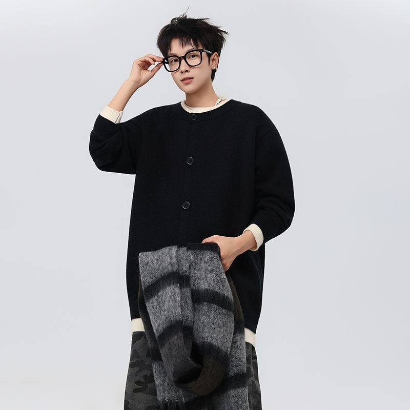 撞色拼接假两件开衫毛衣外套男冬季韩版痞帅打底针织衫情侣款上衣