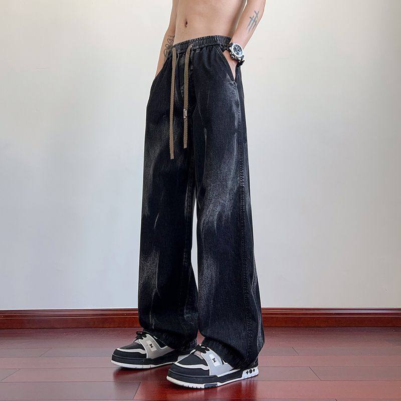 加肥加大码高街复古牛仔裤男士胖子春秋季直筒宽松阔腿休闲长裤潮