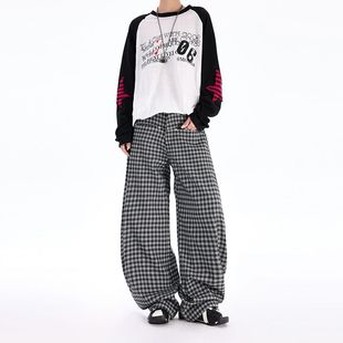黑灰色格子裤子男款春夏宽松bf慵懒风时尚卫裤宽松休闲直筒阔腿裤