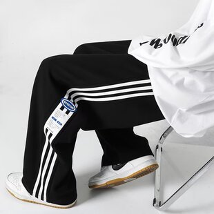 秋季新款三条杠拼接休闲裤男生百搭运动松紧腰裤子系绳直筒长裤潮