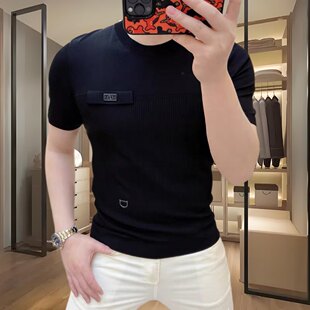 欧洲站高端夏季男士短袖针织t恤时尚个性徽章百搭半袖薄款打底衫T