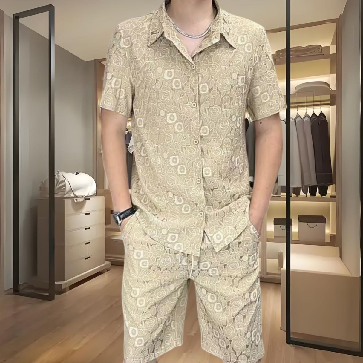 欧洲站夏季男士冰丝短袖衬衫套装时尚个性碎花印花百搭凉感两件套