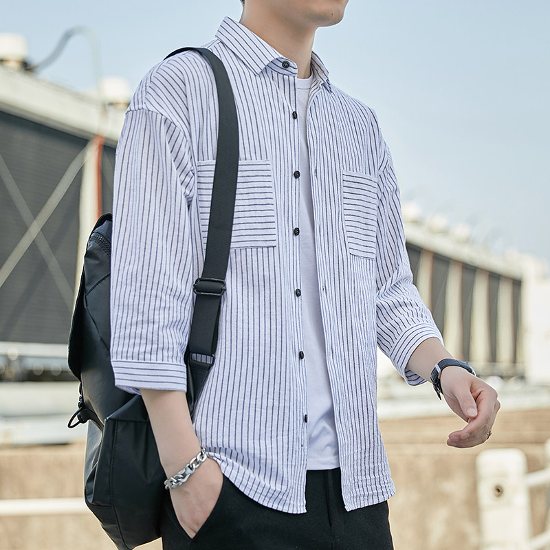 网红仙款春季韩版潮流百搭情侣条纹衬衫潮牌休闲长袖男士衬衣，男装衬衫，星座222