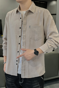 2023春秋季型新款男衬衣 韩版修身青年纯色百搭长袖棉麻衬衫图片