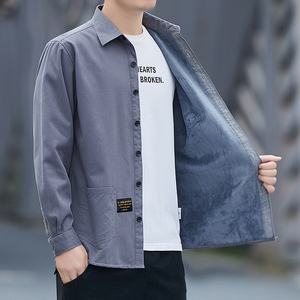 加绒长袖衬衫男冬季休闲时尚翻领工装百搭衬衣长期款加绒H6007图片