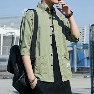 衬衫男韩版潮流短袖2024夏季宽松七分袖上衣服男士衬衣工装外套男图片