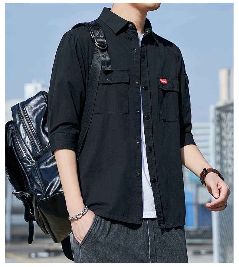 2024春季男士宽松水洗休闲时尚潮流七分袖衬衫男工装多口袋衬衣,男装衬衫,星座222