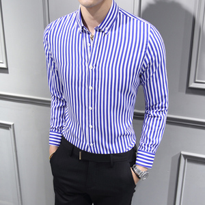 男士长袖衬衫条纹外套上衣服韩版潮流男装寸衬衣帅气休闲衫春秋装图片