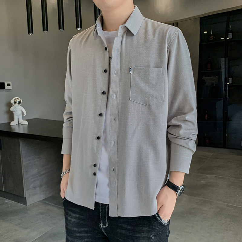 2023春秋季型新款男衬衣 韩版修身青年纯色百搭长袖棉麻衬衫图片