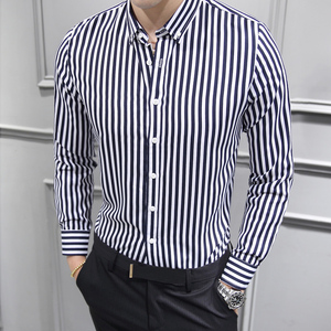男士长袖衬衫条纹外套上衣服韩版潮流男装寸衬衣帅气休闲衫春秋装图片
