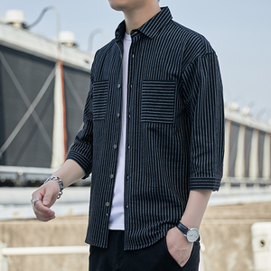 网红款春季韩版潮流百搭情侣条纹衬衫潮牌休闲长袖男士衬衣图片