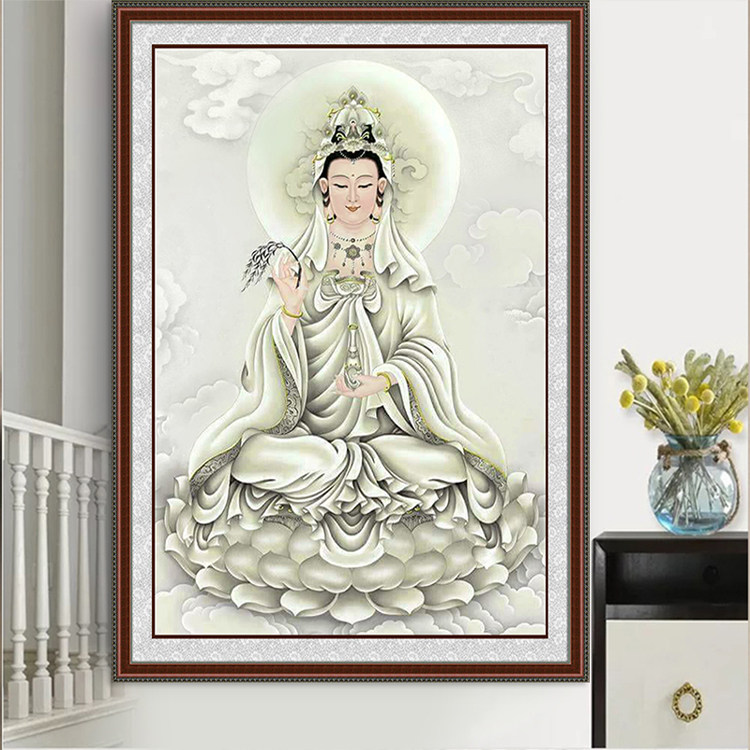 5d钻石画 画观音菩萨佛系十字绣客厅钻石绣坐莲观音砖石贴画 画满