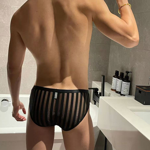大宫先生性感透视条纹网纱男士三角裤超薄透明弹力紧身立体内裤男