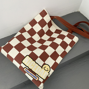 格子帆布包男女学生夏大学生书袋补习单肩帆布袋2025年新款手提包