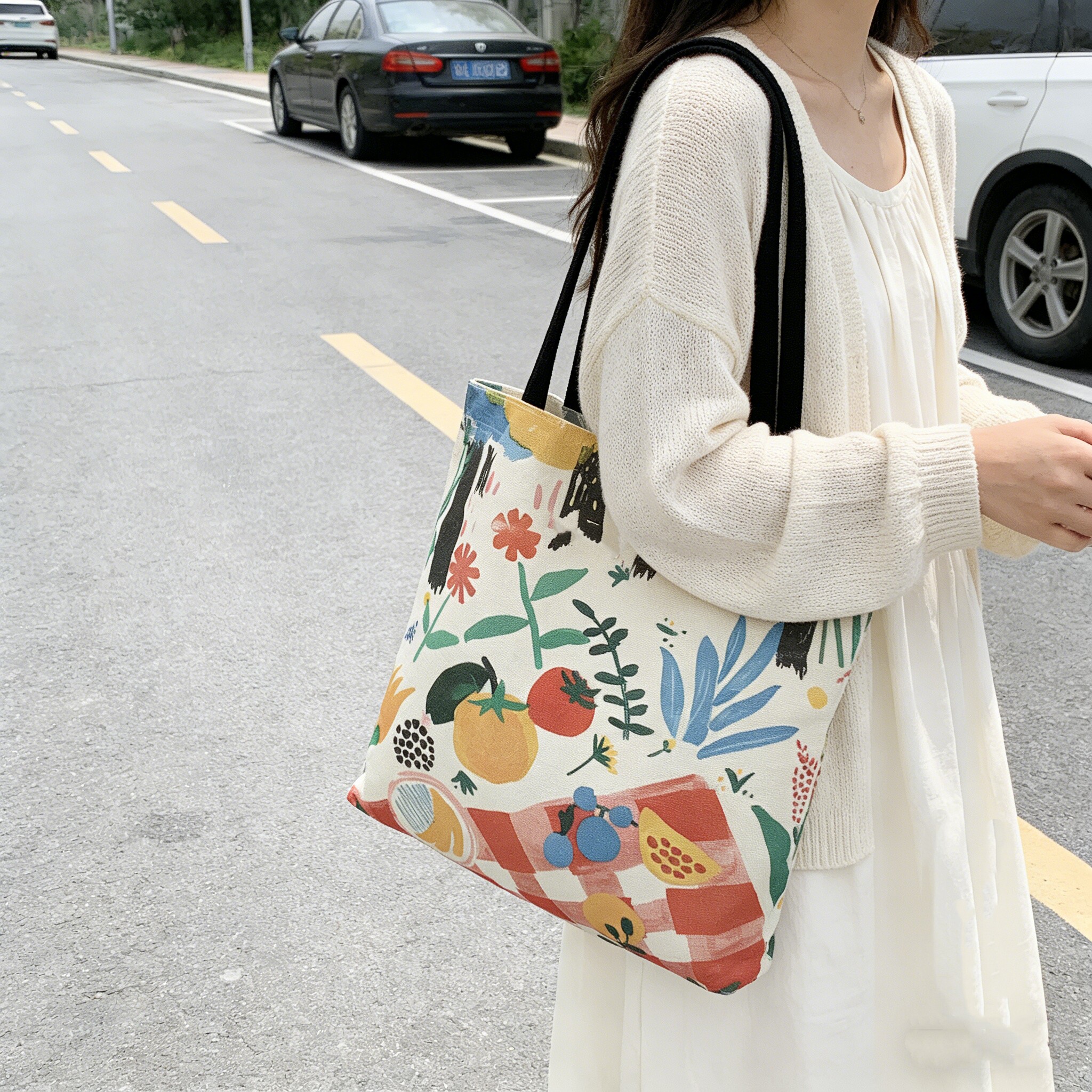 2026新款原创植物印花帆布包女大容量托特包单肩手提包通勤学生包