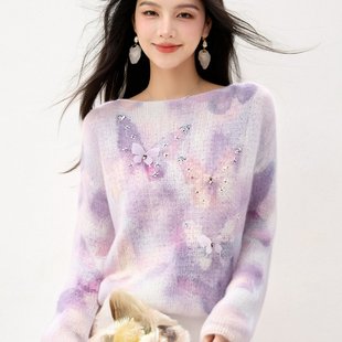 秋冬季新款韩版宽松甜美仙气毛衣女钉珠蝴蝶设计感渲染针织衫上衣