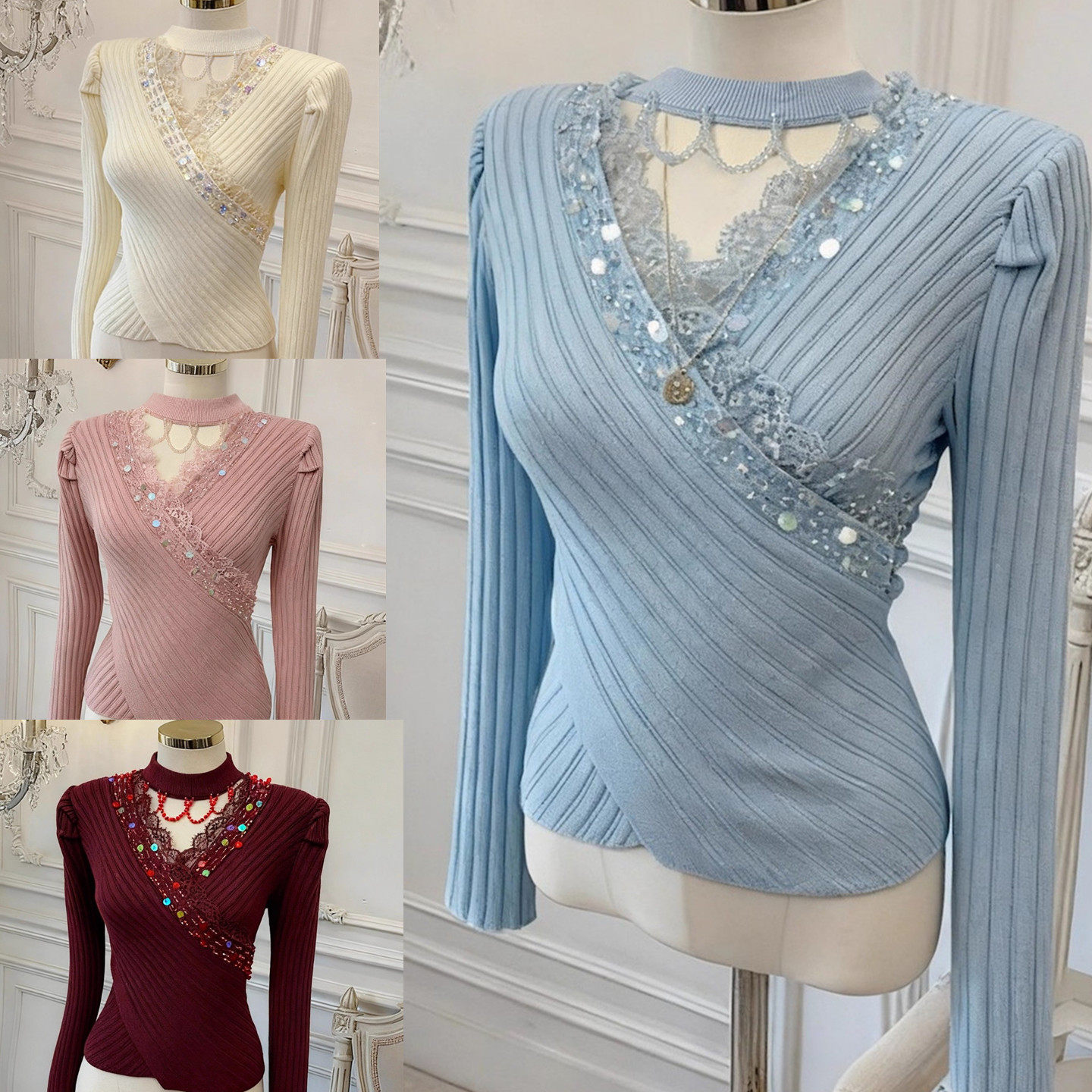 秋冬新款甜美洋气蕾丝拼接重工订珠亮片针织衫女修身显瘦打底毛衣,女装/女士精品,毛针织衫,淘宝优惠券,粉丝福利购,淘宝优惠卷