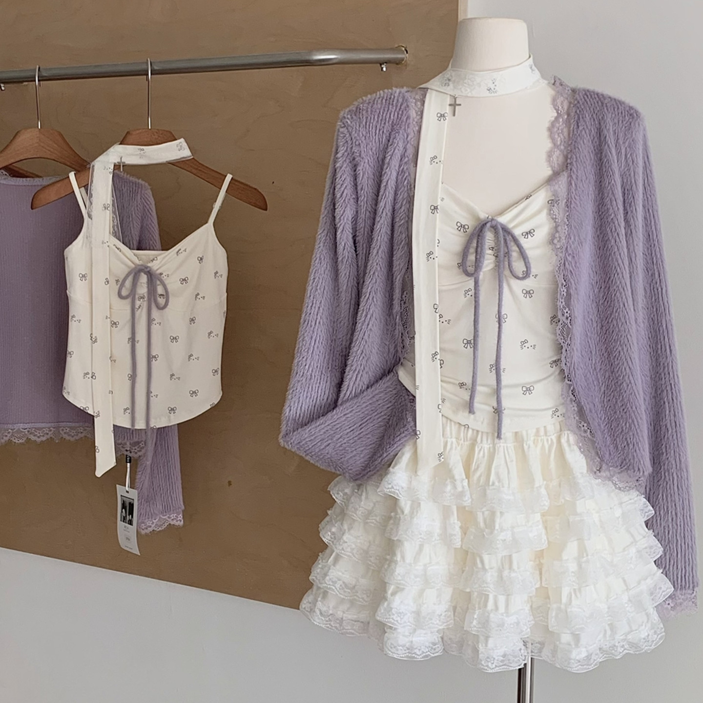 早秋纯欲风吊带蕾丝拼接针织衫短裙三件套毛衣半身裙时尚套装女