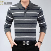 t血条纹棉质上衣休闲带领秋衣大码 T恤中老年翻领男式 长袖 有领男士