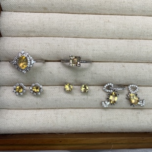 黄水晶镶嵌轻珠宝纯银戒指耳钉螃蟹花朵锆石|花野536