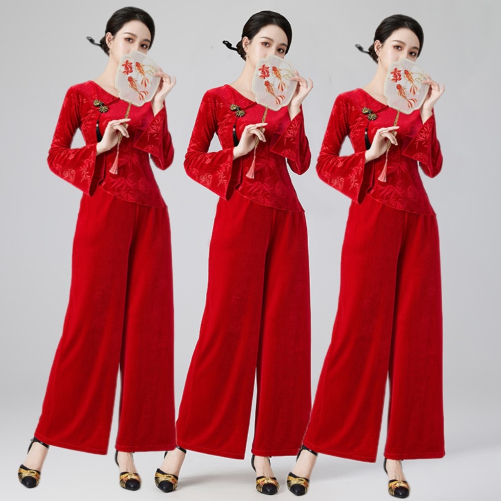 2025新款广场舞服装套装秋冬款中老年金丝绒舞蹈服演出服女喇叭袖