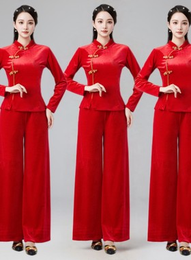 广场舞服装新款套装2025秋冬舞蹈服中老年金丝绒时尚演出服旗袍领