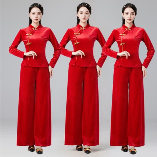 广场舞服装新款套装2025秋冬舞蹈服中老年金丝绒时尚演出服旗袍领