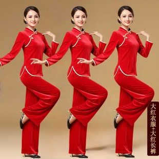 广场舞服装2023新款套装金丝绒旗袍领中老年表演出舞服团队舞蹈服