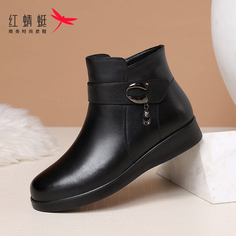 红蜻蜓冬季头层牛皮妈妈鞋软面底