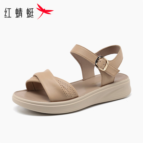 红蜻蜓2026新款夏季羊皮妈妈凉鞋