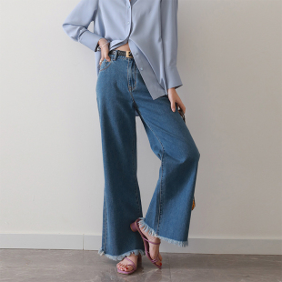 新款 经费直筒显瘦宽松阔腿裤 复古高腰微喇裤 法式 毛边牛仔长裤 秋季