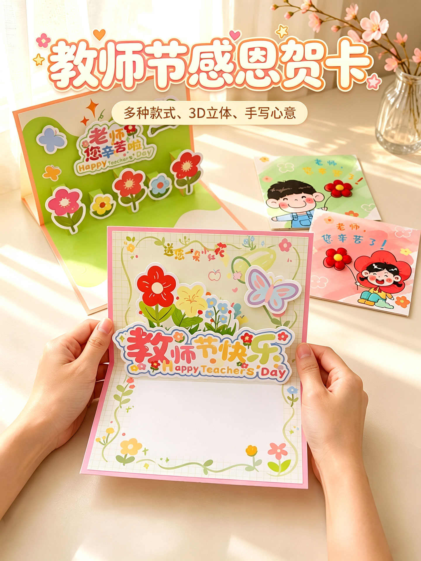 教师节手工花束贺卡创意3D立体手工diy材料花朵组合贺卡高级感学生祝福教师节礼物幼儿园花束留言卡片写信封