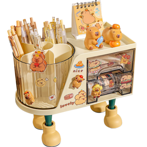 卡皮巴拉笔筒收纳盒大容量儿童学生书桌可爱多功能抽屉式一体旋转笔桶高颜值男孩女孩办公室桌面放笔的置物架