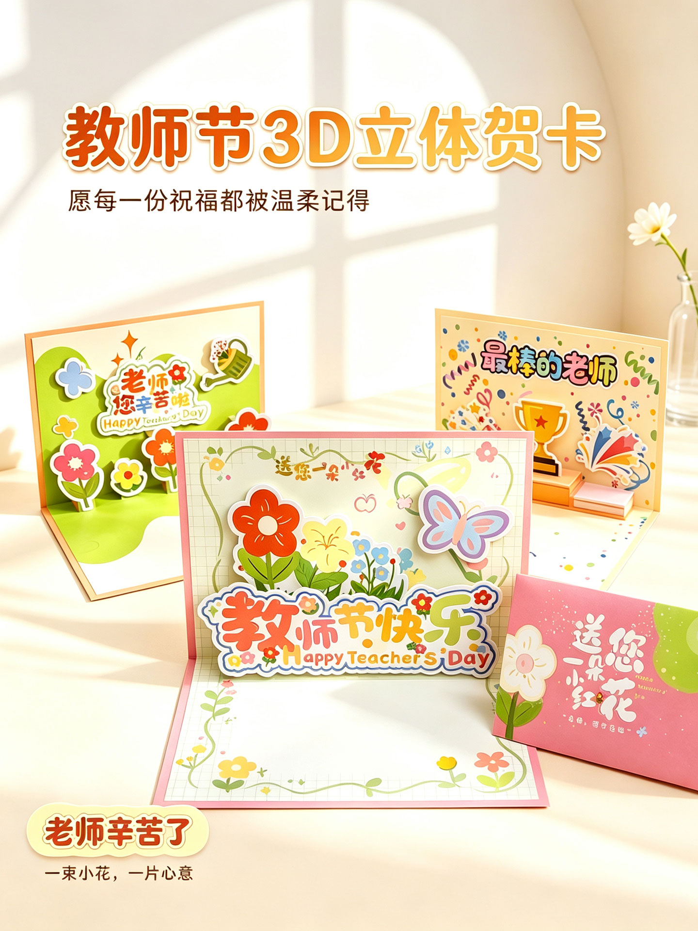 教师节2026新款立体贺卡对开3D立体花束创意感恩卡片小学生送女老师男礼物儿童幼儿园祝福小卡片高级感写信封