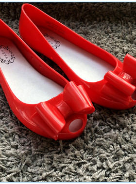 36  37码 现货 美国购 N.Y.L.A.蝴蝶结鱼嘴果冻平底凉鞋雨鞋红色