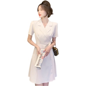 RM11559#夏季新款西装裙小个子法式V领系带拼接短款连衣裙