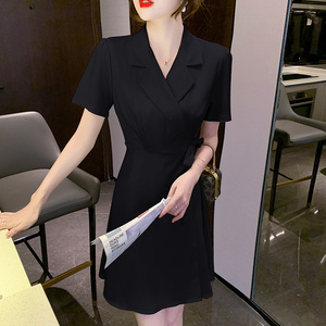 RM11559#夏季新款西装裙小个子法式V领系带拼接短款连衣裙