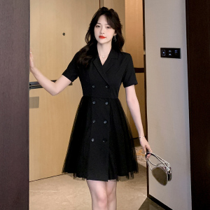 RM11555#夏季新款法式赫本风西装领双排扣网红网纱拼接连衣裙女