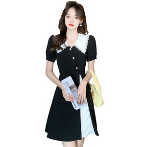 RM13437#黑色假两件连衣裙2023新款女夏娃娃领开叉撞色褶皱设计感裙