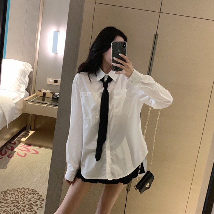 领带口袋小众衬衫百褶短裙两件套