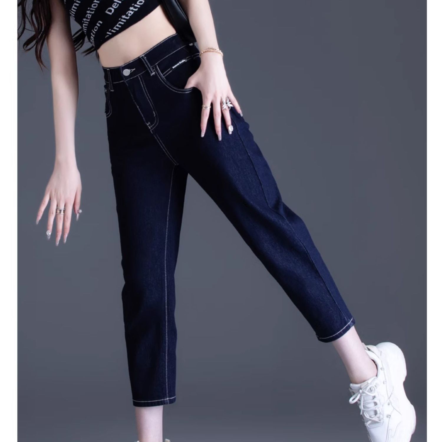 高腰牛仔裤女2024年新款不掉色小个子九分老爹裤子夏季薄款哈伦裤图片