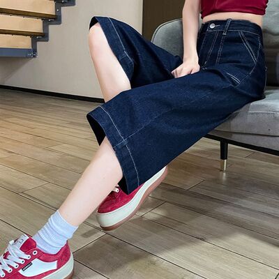 弹力直筒牛仔裤女七分2026年夏季薄款新款高腰深色五分短裤中裤